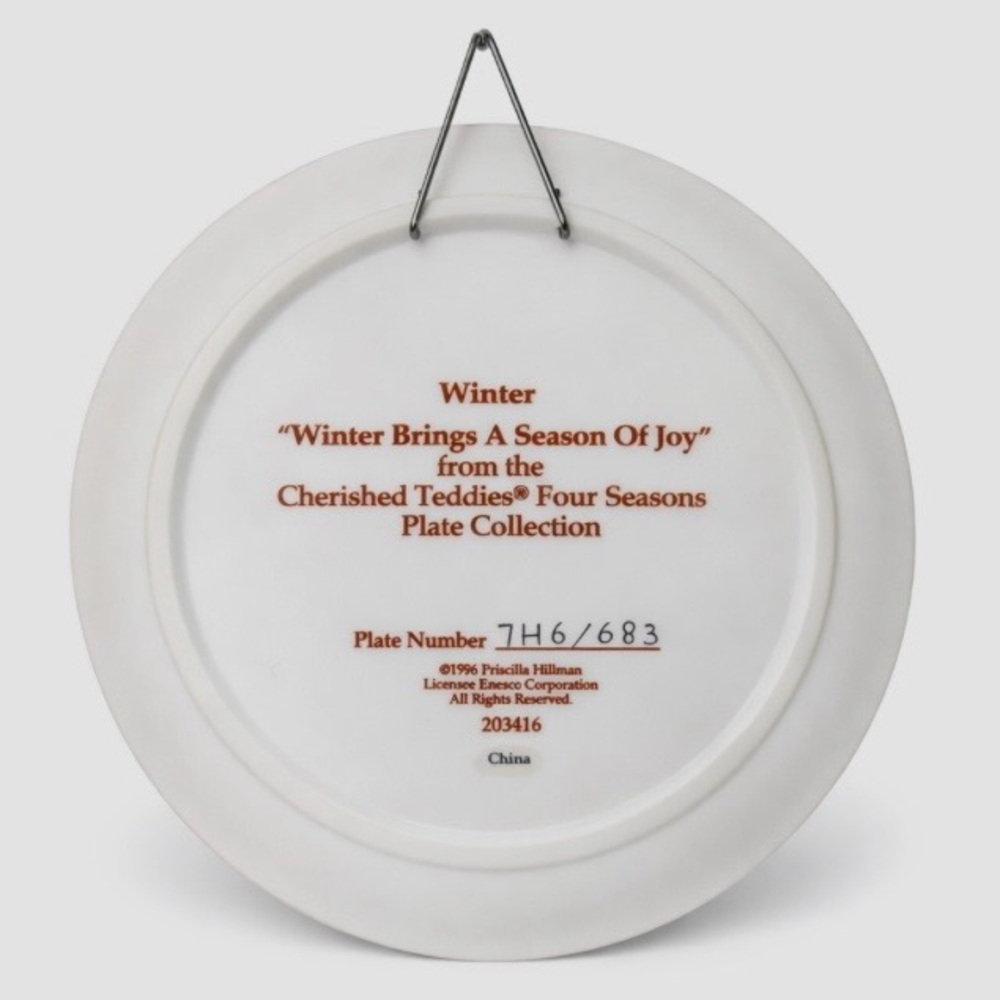 NEW Cherished Teddies Winter Plate w/ Box & Certificate - Picture 3 of 3